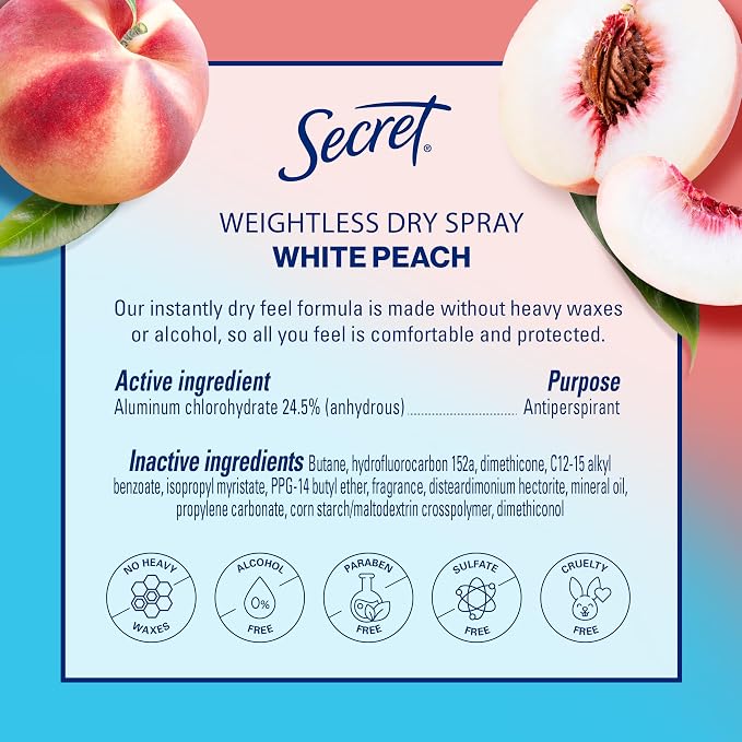 Secret Dry Spray Antiperspirant Deodorant for Women, 48hr Weightless Sweat & Odor Protection, Gentle on Skin, White Peach Scent, 4.1 oz (Pack of 3)