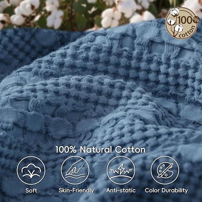 PHF 100% Cotton Waffle Weave Blanket King Size, Lightweight Breathable Summer Blanket for Hot Sleepers, Pre-Washed Soft Layer for Bed, Couch, Home Decor Gift, 108"x90", Denim Blue