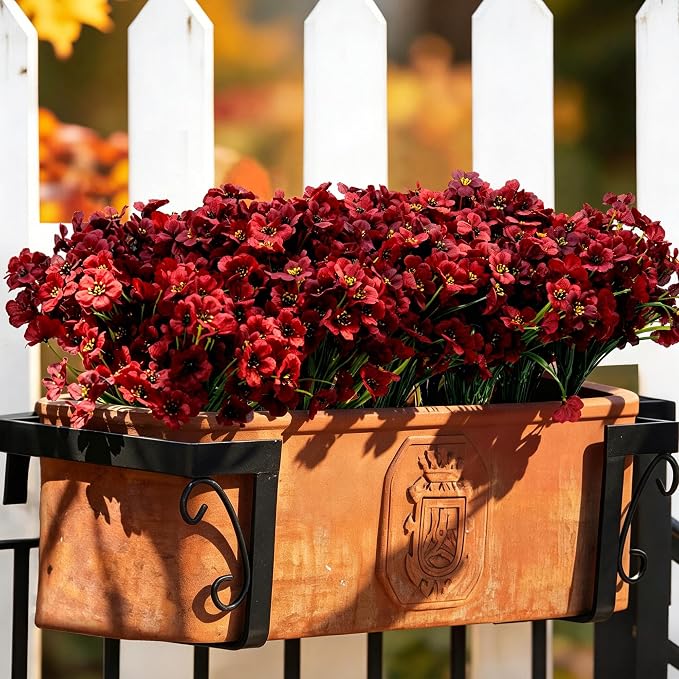 ColoPlay 24 Bundles Burgundy Artificial Flowers for Outdoors Fake Plant Mum | Artificial Flowers for Outdoors/Indoors Fake Mums Flowers Plants for Outside Garden Porch Window Box Home Wedding Farmhouse