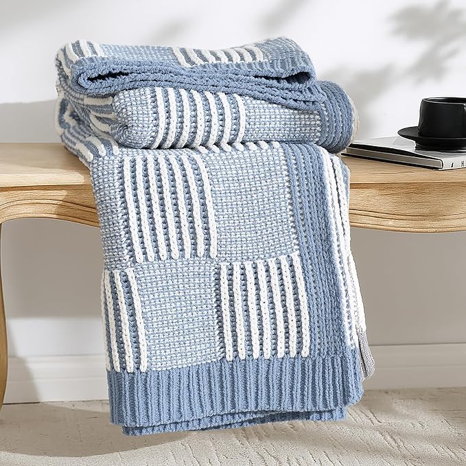 Knit Throw Blanket, Soft Chenille Cozy Breathable Dual Tone Checkered Chunky Decorative Blanket for Couch, Bed & Sofa, French Lightweight Warm Gift for Women, Washed Blue, 50"x60"