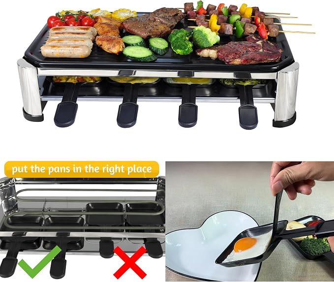 TAMARIT 8-Person Raclette Grill, Electric Table Grill for family gatherings | 8 Nonstick raclette pans, 8 spatulas, 1500 W, Stainless Steel