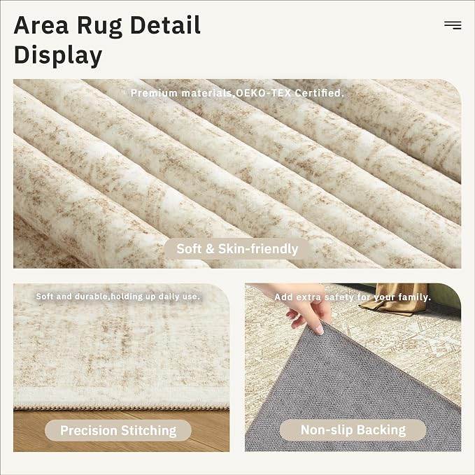 Soalmost 5x7 Area Rugs Beige/Ivory Washable Trendy Faded Style Floral Rugs | Vintage Non-Slip Indoor Accent for Bedroom Dining, Foldable Stain Resistant Floor Carpet Mat Under Table Home Office Decor