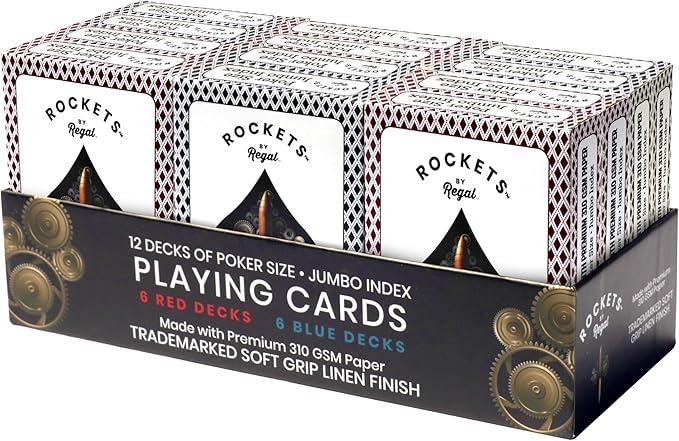 Regal Games Rocket Jumbo Playing Cards 12-Pack - Contains 6 Red & 6 Blue Decks, 310 GSM Paper, 2.5" x 3.5" Plastic Coated Cards with Extra Large Print