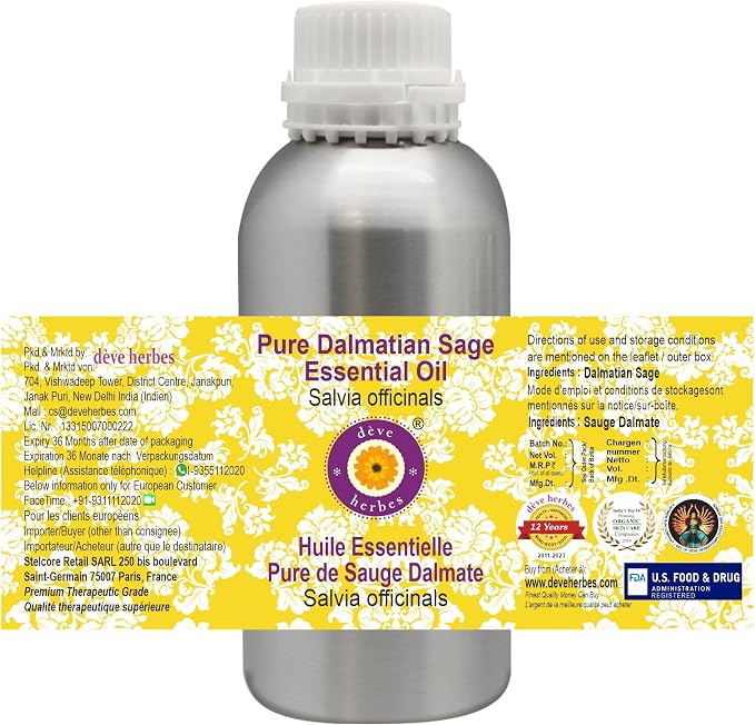 Deve Herbes Pure Dalmatian Sage Essential Oil (Salvia officinals) Steam Distilled 1250ml (42 oz)
