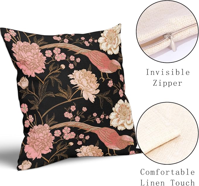 Flowers Birds Leaf Pillow Covers 16X16 Inch Set of 2 Pink White Roses Floral Decorative Pillow Cases Art Retro Black Gold Cotton Linen Cushion Case Vintage Home Decor for Sofa Couch Porch Outdoor