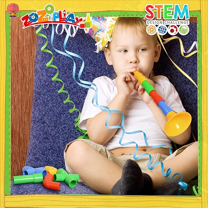 ZOZOPLAY STEM Toys Tube Locks, 72 Piece Tubular Pipes & Spouts & Joints & Whistles & Trumpet Toy, Learning Educational Building Block Set with Whistles Gift for Boys Girls