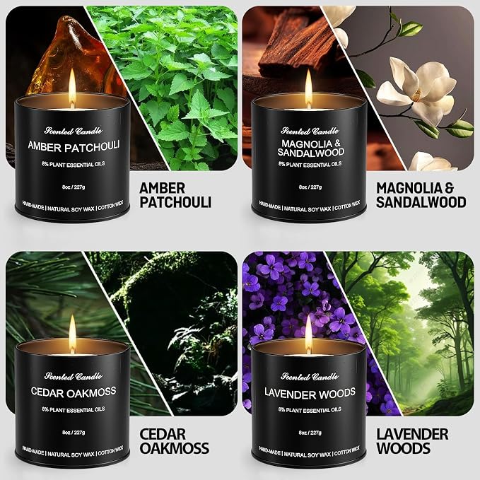 Scented Candles for Men Gift Set – 4 Pack Soy Candles, Amber Patchouli, Cedar Oakmoss, Lavender Woods & Magnolia Sandalwood – Masculine Candle Gift for Men, Dad, Him, Home Décor