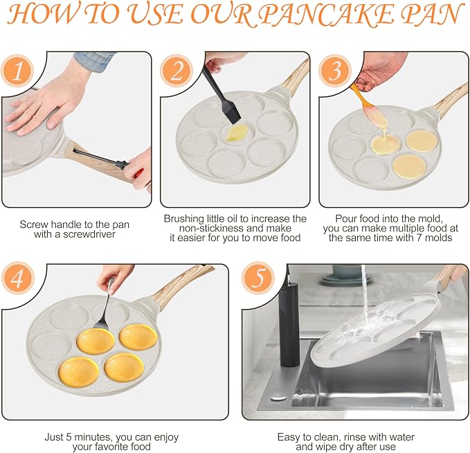 10.5" Pancake Pan Suitable for All Cooktops 7-Cup Pancake Maker 1-Pack | Beige, PFOA Free, 7-Cup, Mini Silver Dollar Gril, Stay-Cool Handle, Mini Pancake Pan,