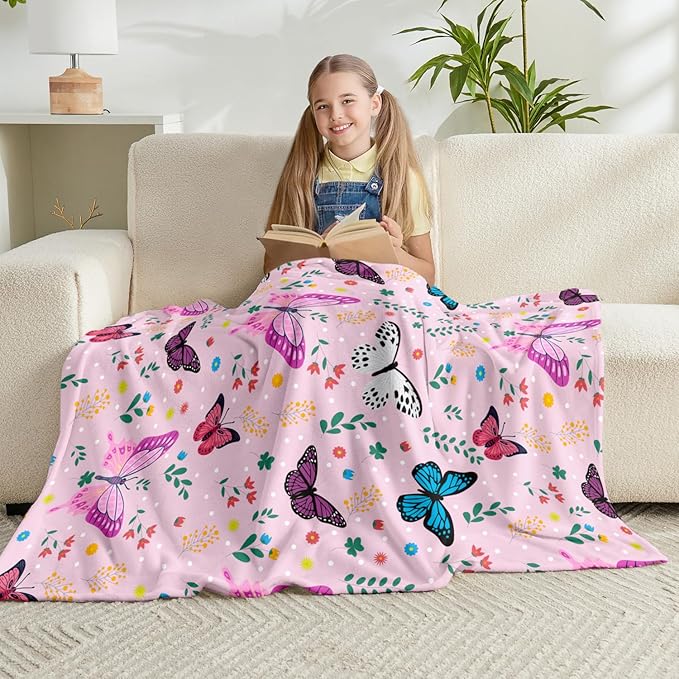 Wajade Butterfly Throw Blanket for Girls Teens Women Pink Soft Fuzzy Flannel Bed Blanket for Couch Sofa Bedroom Plush Colorful Flowers Blankets 60”x80”