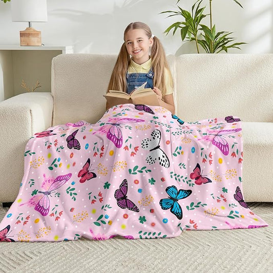 Wajade Butterfly Throw Blanket for Girls Teens Women Pink Soft Fuzzy Flannel Bed Blanket for Couch Sofa Bedroom Plush Colorful Flowers Blankets 60”x80”