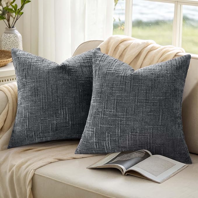 decorUhome Textured Chenille Throw Pillow Covers 18x18 Set of 2 Dark Grey | Fall Modern Farmhouse Soft Cozy Slubby Couch Pillow Cases Boho Decorative Pillow Cases for Bed Sofa Living Room Home Decor