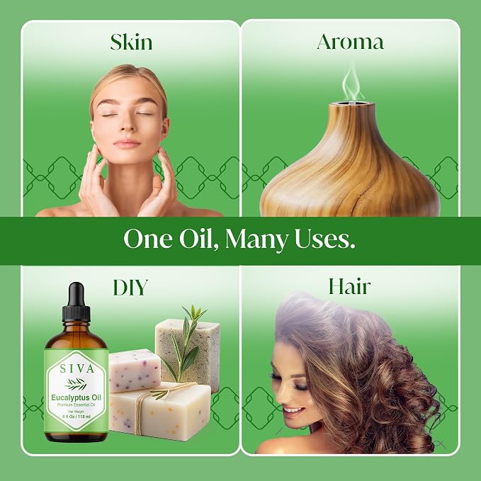 Siva Eucalyptus Essential Oil 4 Fl Oz – for Diffuser, Skin & Hair Care – Ideal for Aroma, Massage & DIY Blends- with Dropper