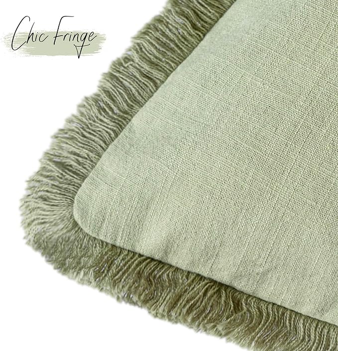 Foindtower Set of 2 Decorative Linen Fringe Lumbar Throw Pillow Covers Farmhouse Cushion Cover with Tassels Soft Accent Pillowcase for Couch Sofa Bed Living Room Home Decor,12×20 Inch,Light Sage Green