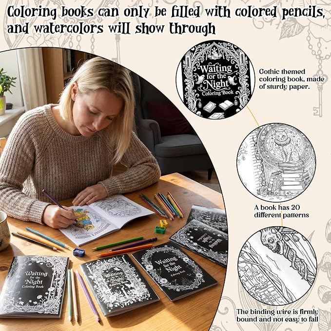 Liliful 24 Pcs Gothic Dark Romantic Coloring Book Bulk Intricate Noir Illustration Books, Ideal for Leisure Relaxation, Gothic Enthusiast Gifts & Atmospheric Creative Activities