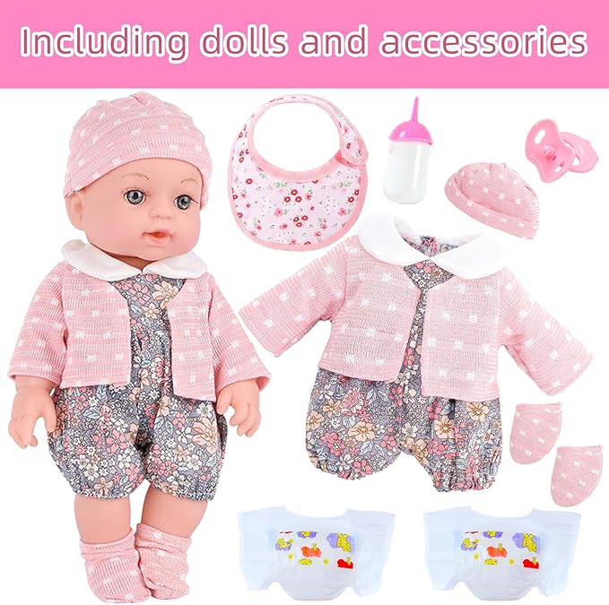 Realistic Baby Doll Set in Gift Box - 12 Inch Newborn Alive Baby Doll with Accessories and Clothes with Pacifier Feeding Bottle Diapers Hat Bib Socks Stuff Gift Idea for Ages 3+