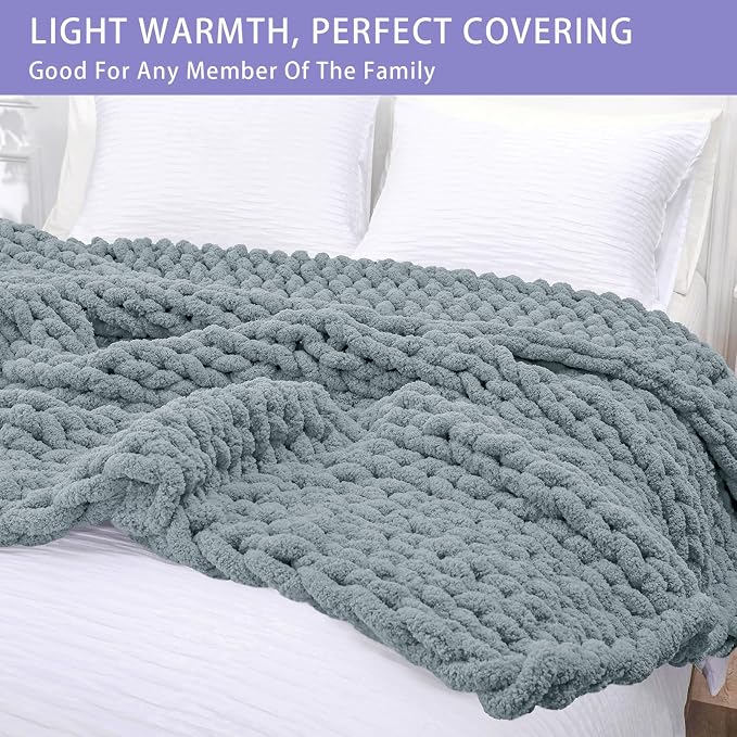 Bigacogo Chunky Knit Throw Blanket for Couch, 40x60 inches, Dusty Blue | Hand Knit with Jumbo Chenille, Soft Breathable Cable Knit for Sofa Bed Living Room, Machine Washable, Gift for Mom Friend