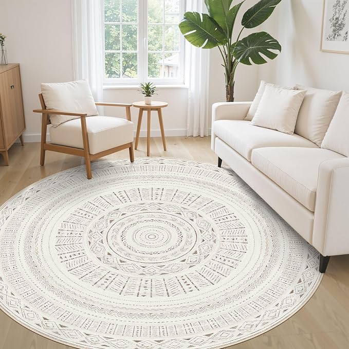 cotiled 6x6 Round Area Rugs Living Room Rug: Washable Boho Rugs with Non Slip Backing Large Soft Indoor Stain Resistant Carpet for Bedroom Farmhouse Dining Room Lightweight Home Decor L Brown/Cream