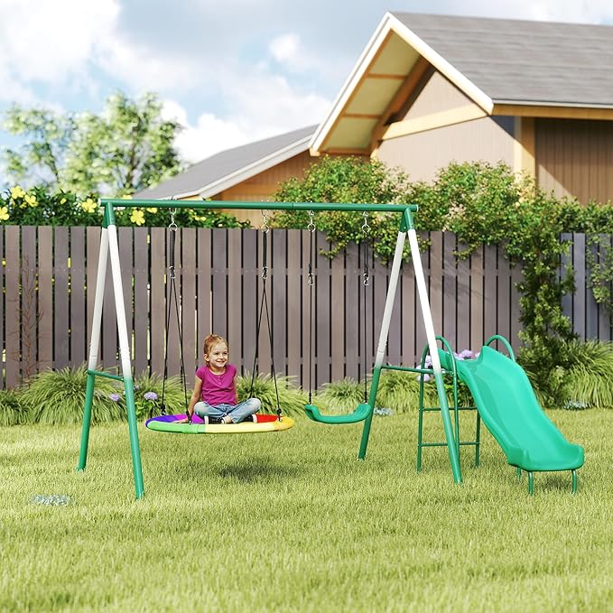 Qaba Swing Set for Backyard with Adjustable Seat and Saucer Swing, 5' Slide, Heavy Duty A-Frame Metal Stand Outdoor Playground Playset for Kids, Dark Green, 112" x 91" x 73"