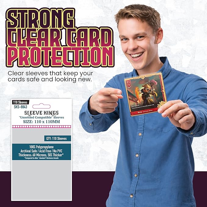 Sleeve Kings Unsettled Compatible Card Sleeves – 110 Pack, 110 x 110 mm, Extra Clear 60 Micron Polypropylene, Acid-Free, PVC-Free, Card Protection for Board Games – SKS-8843