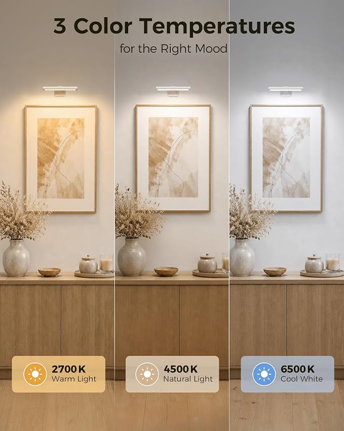 EZVALO Picture Light for Wall, Rechargeable 2400mAh Lights Wireless with IR Remote, 3 Color & Dimmable Magnetic 7.87'' LED Lights Display for Painting, Living Room, Gallery, Bedroom Art(White-2P)
