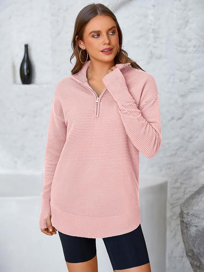 PRETTYGARDEN Womens Long Sleeve Quarter Zip Pullover Sweater Casual Loose V Neck Collared Ribbed Knit Jumper Tops Thumb Hole