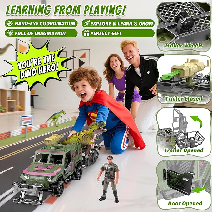 EKU Dinosaur Transport Truck with Trailer and 10 Sounds, Launcher, Clamp, Chomping T-Rex Figure, Human, Carrier, Push and Go Adventure Vehicle for Jurassic World Toys Pretend Play Gifts for Kids 3+