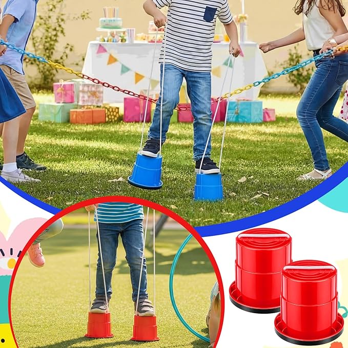 Foilswirl 4 Pcs Bucket Balancing Stilts with Upgraded Non-slip Grip Pads Plastic Walking Bucket Stilt with Adjustable Rope Balance Coordination Training Outdoor Stilts Walking Tool for Indoor Outdoor