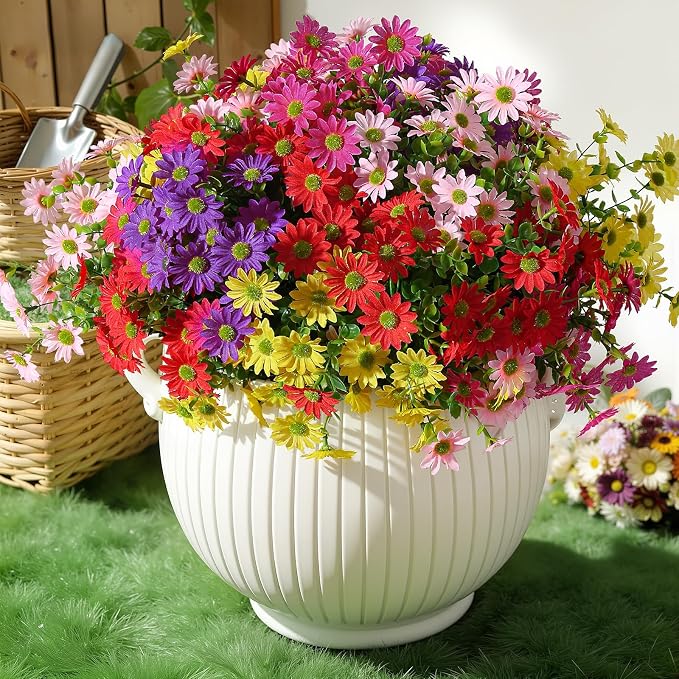 Alupssuc 40 Bundles Artificial Daisies Flowers Fake Silk Plant for Indoor Outdoor Decor, UV Resistant No Fade Faux Spring Flowers for Garden, Porch & Patio Decoration,RedRosyPurpleYellowPink