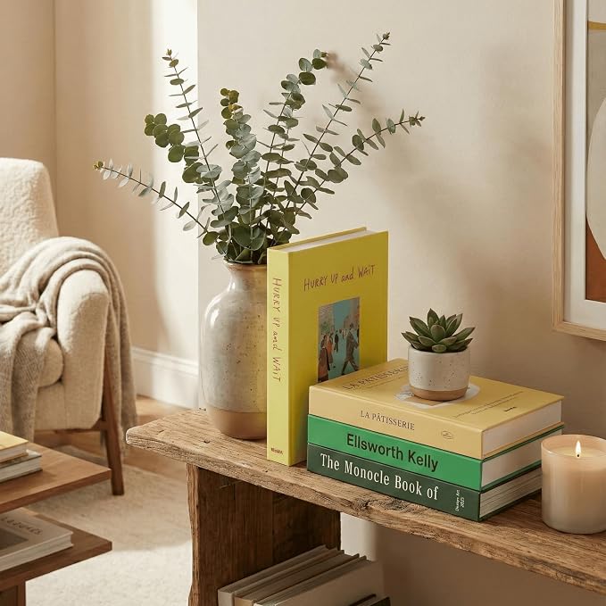 4 Pcs Decorative Books | Faux Neutral Coffee Table & Shelf Decor | Warm Organic Look for Living Room, Office and Entryway - Not Real, Tool-Free 2-Min Setup