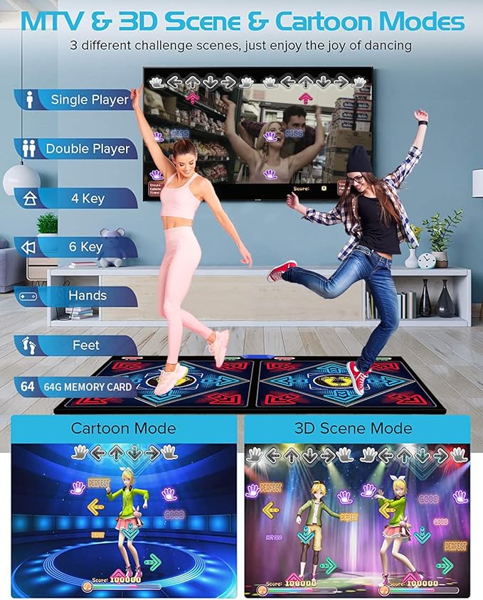 WuZhuangYuan Music Dance Mat for Kids & Adults,Ideal for Fitness Dance Games,64GB Memory Card,899 Games,75 Music Videos,650 Songs.for TV use,Made of Premium Flannel,a Luxurious Gift for Children
