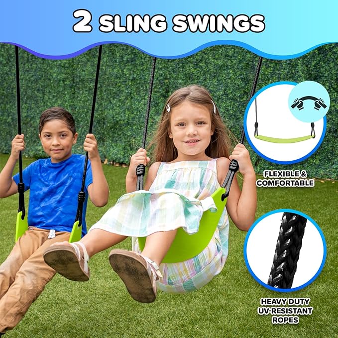 Sportspower Swing & Fly Metal Swing Set with 2 Sling Swings & 2-Person Skyflyer Swing, Heavy-Duty 2" Steel Frame, Outdoor Playset for Kids, Bonus 4-Piece Anchor Kit