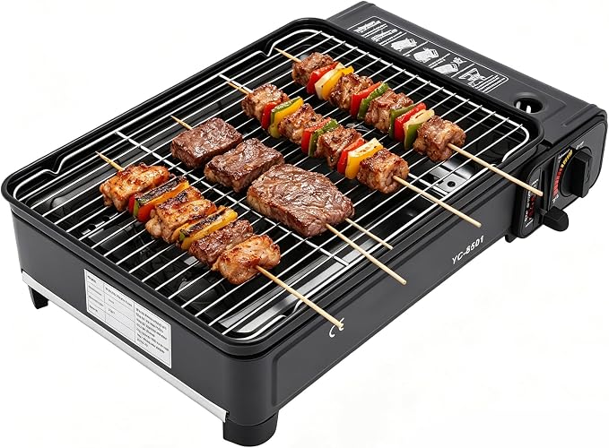 PERFERATE Portable Butane Grill - 7500 BTU Korean BBQ Grill Stove - Tabletop BBQ Camping Grills with Barbecue Kit & Carrying Case for Outdoor Camping, Party, Picnic Cooking