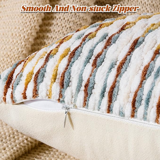 Boho Chenille Pillow Cover Decorative Tufted Pillowcase for Couch Bed Sofa Bedroom Living Room Modern 12 x 20-Inch Brown