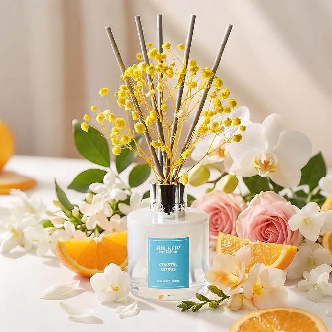 Airkeep Reed Diffuser Set,3.38 fl oz (100 ml) - Coastal Citrus Oil Diffusers with 8 Reed Sticks, Home Fragrance Reed Diffuser for Bathroom Shelf Decor