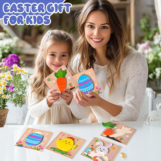 4 Pack Easter Wooden Puzzles for Kids Boys Girls Toddlers Jigsaw Puzzles Toys for Easter Basket Stuffers Party Favor