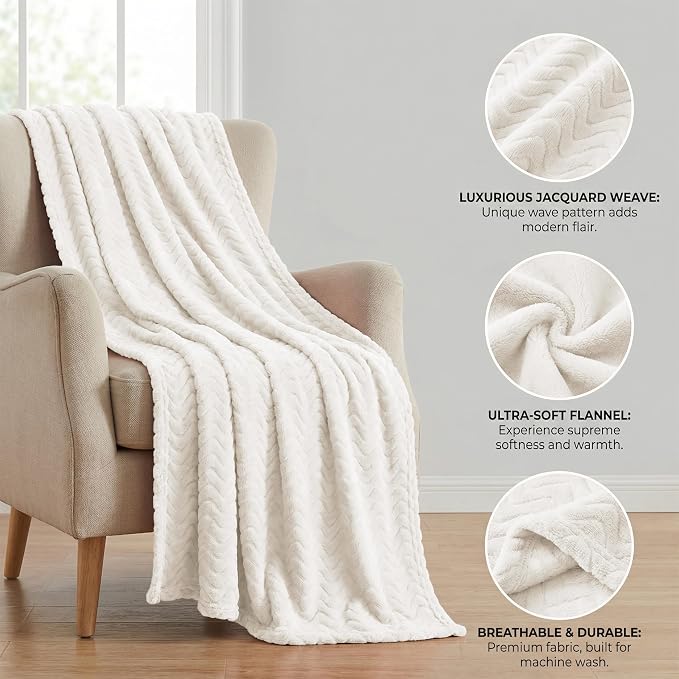 Exclusivo Mezcla Large Fleece Throw Blanket for Couch, Sofa, Ivory | 50"x70" Soft Breathable Lightweight Flannel Throws for Summer, Plush Cozy Jacquard Wave Blanket for Home Decor