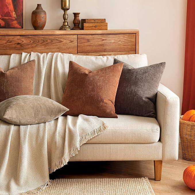 MIULEE Textured Chenille Fall Throw Pillow Covers 22x22 Inch Dark Rust | Pack of 2 Decorative Soft Throw Pillows, Solid Textured Cushion Covers, Modern Home Decor for Couch Sofa Bedroom Living Room