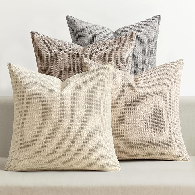 MIULEE Decorative Chenille Pillow Covers Neutral Beige 18x18 Pack of 4 | Modern Home Decor, Cozy Cream Collection, Couch Throw Pillows, Farmhouse Boho Cushion Covers for Sofa Bed Living Room