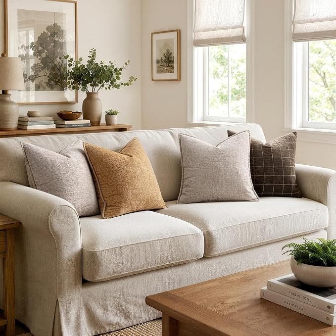 MIULEE Decorative Couch Throw Pillow Covers 20x20 Inch Apricot Brown 2 Pack | Farmhouse Pillow Covers with Stitched Edge, Soft Chenille Cushion Cases, for Sofa Bed Living Room Home Decor