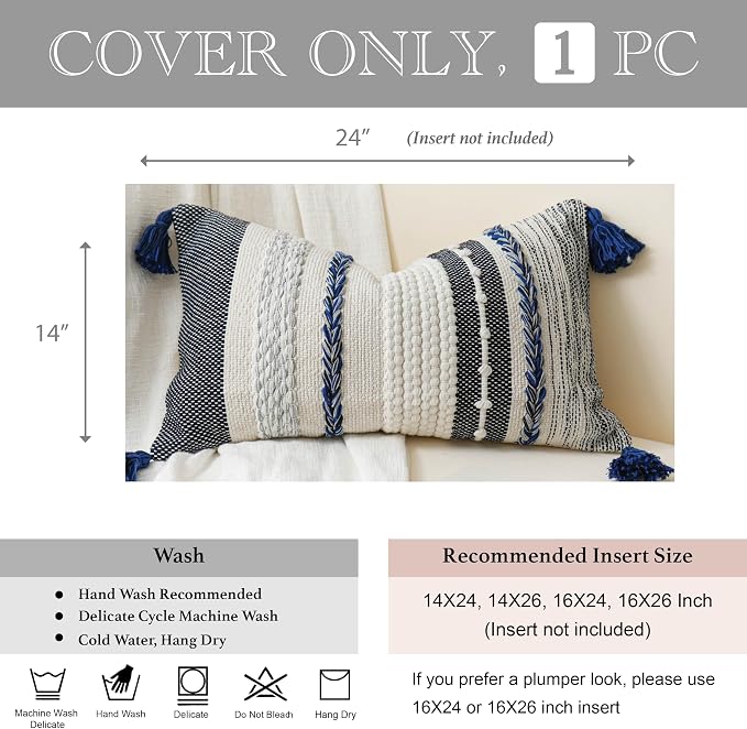 Decorative Lumbar Throw Pillow Cover 14x24 Boho Dark Blue Accent Cushion for Couch Sofa Farmhouse Pillowcase for Bedroom Living Room Home Décor Cover ONLY