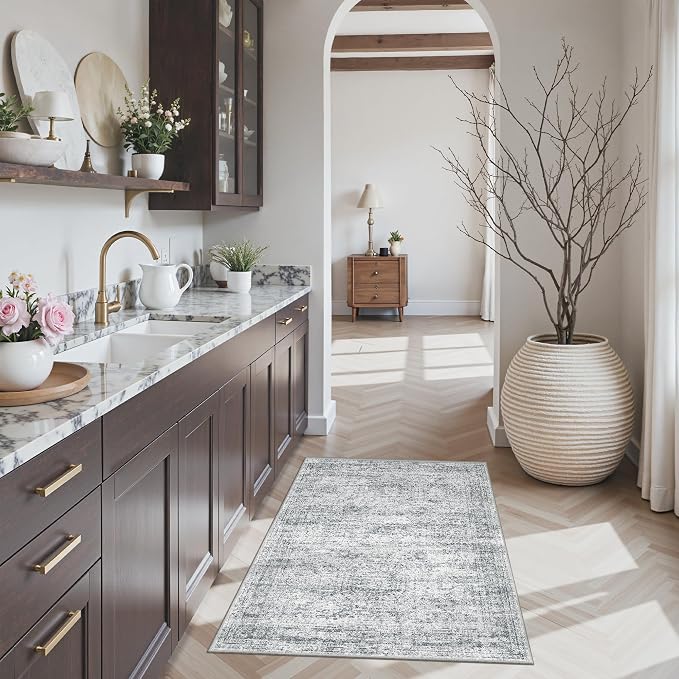 Soalmost 2x3 Washable Rugs for Kitchen, Entryway, Small Area Rug Grey | Non-Slip Vintage Low Pile Throw Door Mat For Bathroom Entry Laundry Powder Room, Stain Resistant Indoor Entrance Floor Carpet