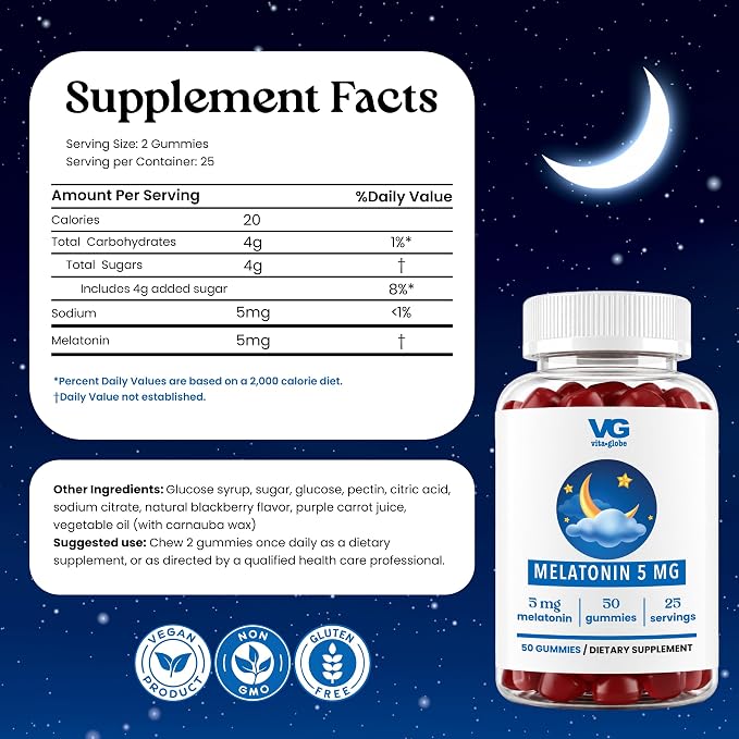 VITA GLOBE Melatonin Gummies 5mg, Sleep Aid Gummies, Non-GMO, Vegan and Sleep Aid Supplement, Supports Relaxation & Healthy Sleep Cycle, 50 Count Sleep Aid Gummy (Pack of 1)