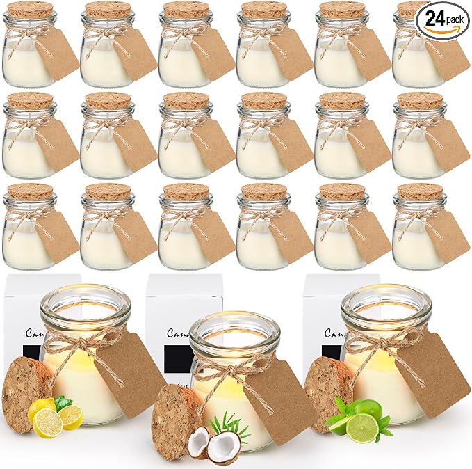 MTLEE 24 Pcs Wedding Jar Candles for Guests Wedding Candle Gift Natural Wax Candles with DIY Tag Cards for Bridesmaid Baby Shower Party Favors Home Decor, Scents of Lemon/Tangerine/Coconut Milk