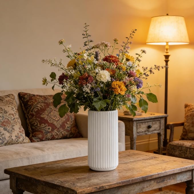 White Ceramic Flower Vase for Pampas Grass, 8 inch Small Decorative Centerpiece Ribbed Vase for Dining Table, Office Desktop, Shelf Bookshelf, Mantel, Entryway, Bathroom, Countertop, Farmhouse, Gift
