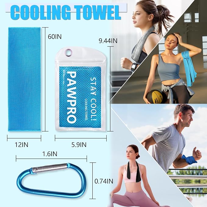 PAWPRO 4 Packs Cooling Towels for Neck and Face, Soft Breathable Gym Towels with Waterproof Bag & Carabiner, Multi-Colored Sweat Towels for Gym, Running, Yoga (Light Blue/Royal Blue/Black/Grey)