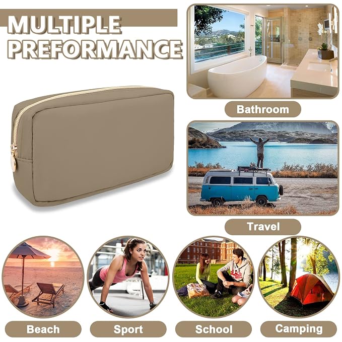 UIXIZQ Small Makeup Bag Pouch for Purse, Nylon Travel Toiletry Storage Bag Cute Preppy Cosmetic Bag for Women Girls, Waterproof Makeup Organizer Bag Pouch Skincare Bag Purse with Zipper (Small-Khaki)