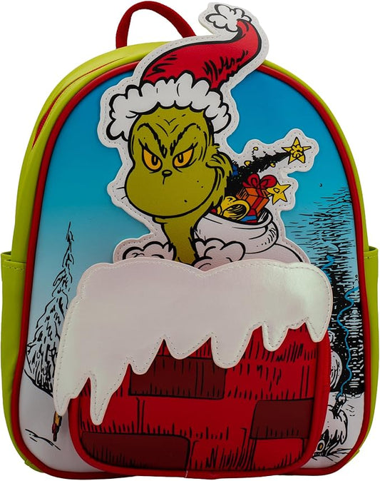 AI ACCESSORY INNOVATIONS The Grinch Mini Cosplay PU Backpack Purse, Shoulder Bag with Epoxy Filled Metal Max Charm, 10.5 Inch, Adjustable Straps, Faux Leather