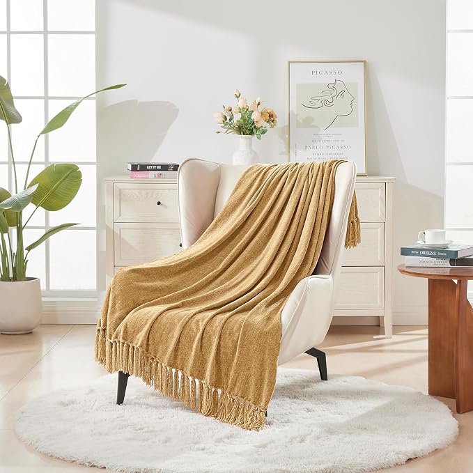 CozeCube Chenille Throw Blanket, Light Brown Fringe Blanket, 60"X80" | For Couch, Cozy Plush Fuzzy Decorative Blanket with Fringe Tassels, Lightweight Throws for Bed Sofa Gift Home Decor