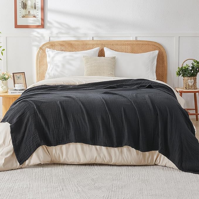 EMME Muslin Blankets for Adults Throw Blanket for Couch Breathable Gauze Soft Lightweight Airy Black Throw 50" x 60"