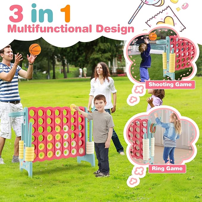 COSTWAY Jumbo 4-to-Score Giant Game Set for Kids & Adults, 2.5Ft Indoor Outdoor Game with Basketball Hoop, Ring Game, 42 Jumbo Rings, Quick-Release Slider, Perfect for Birth & Holiday Party